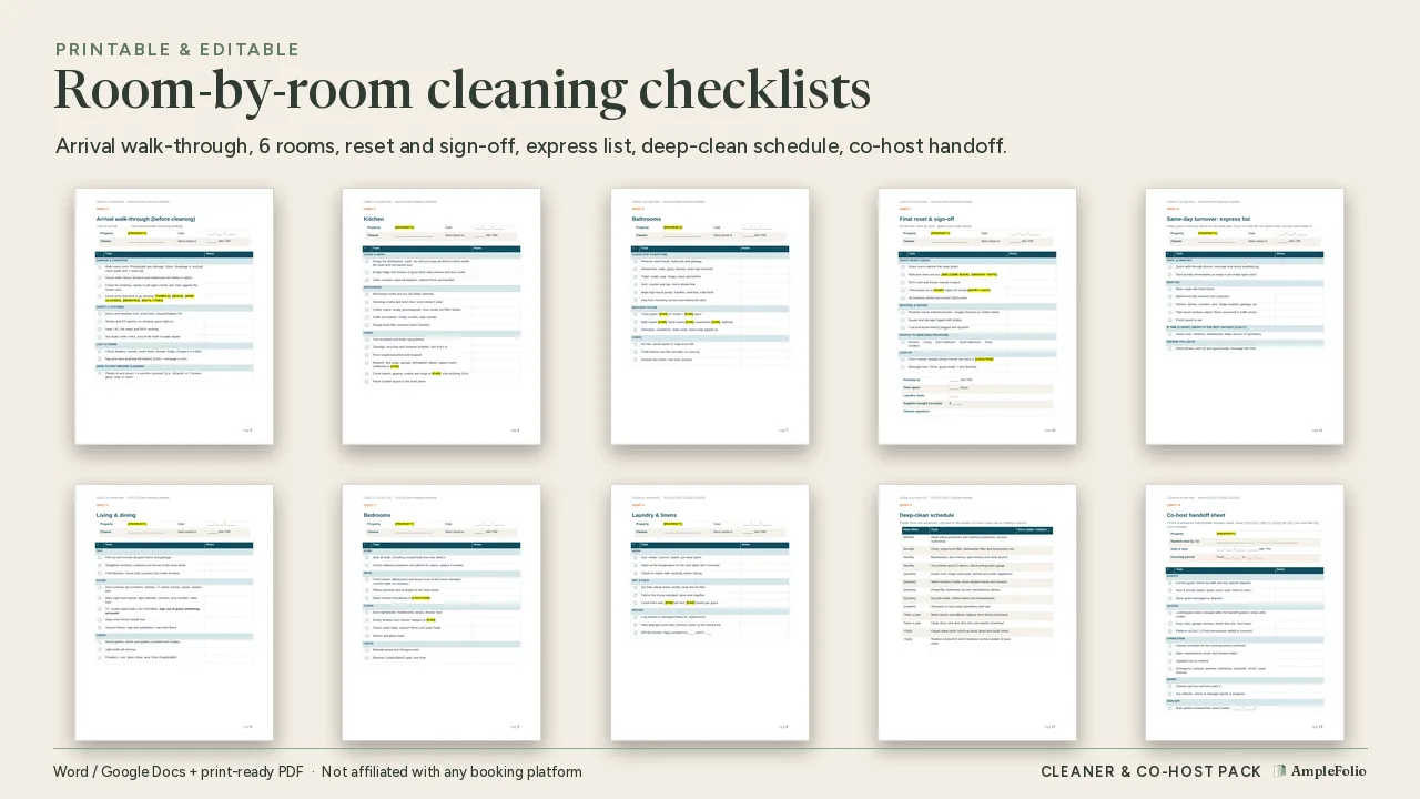 Room-by-room cleaning checklist pages