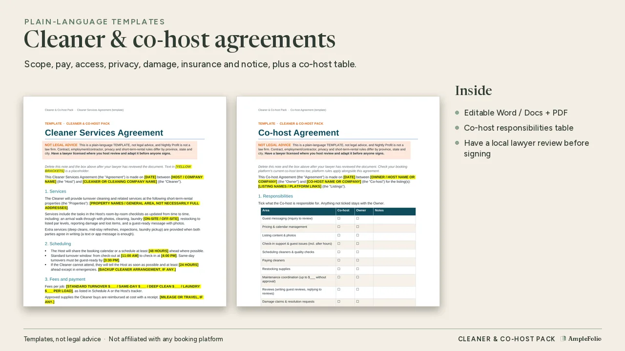 Cleaner Services Agreement and Co-host Agreement template pages
