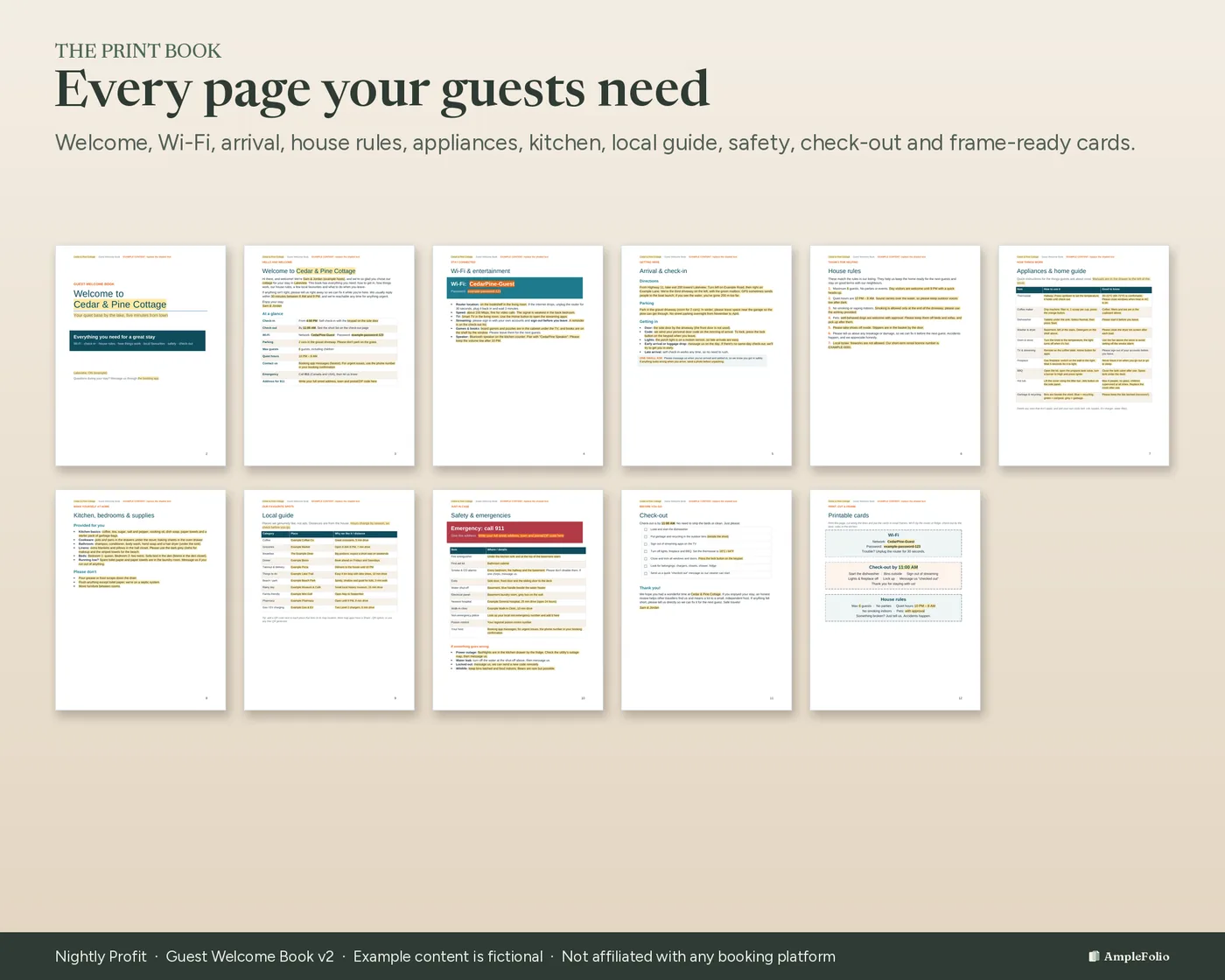 The welcome book pages: welcome, Wi-Fi, arrival, house rules, appliances, kitchen, local guide, safety, check-out and cards