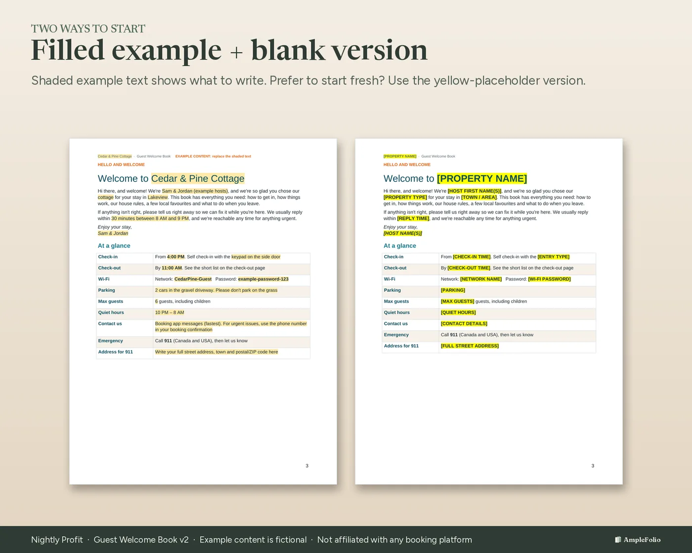 The example version with shaded sample text next to the blank version with yellow placeholders