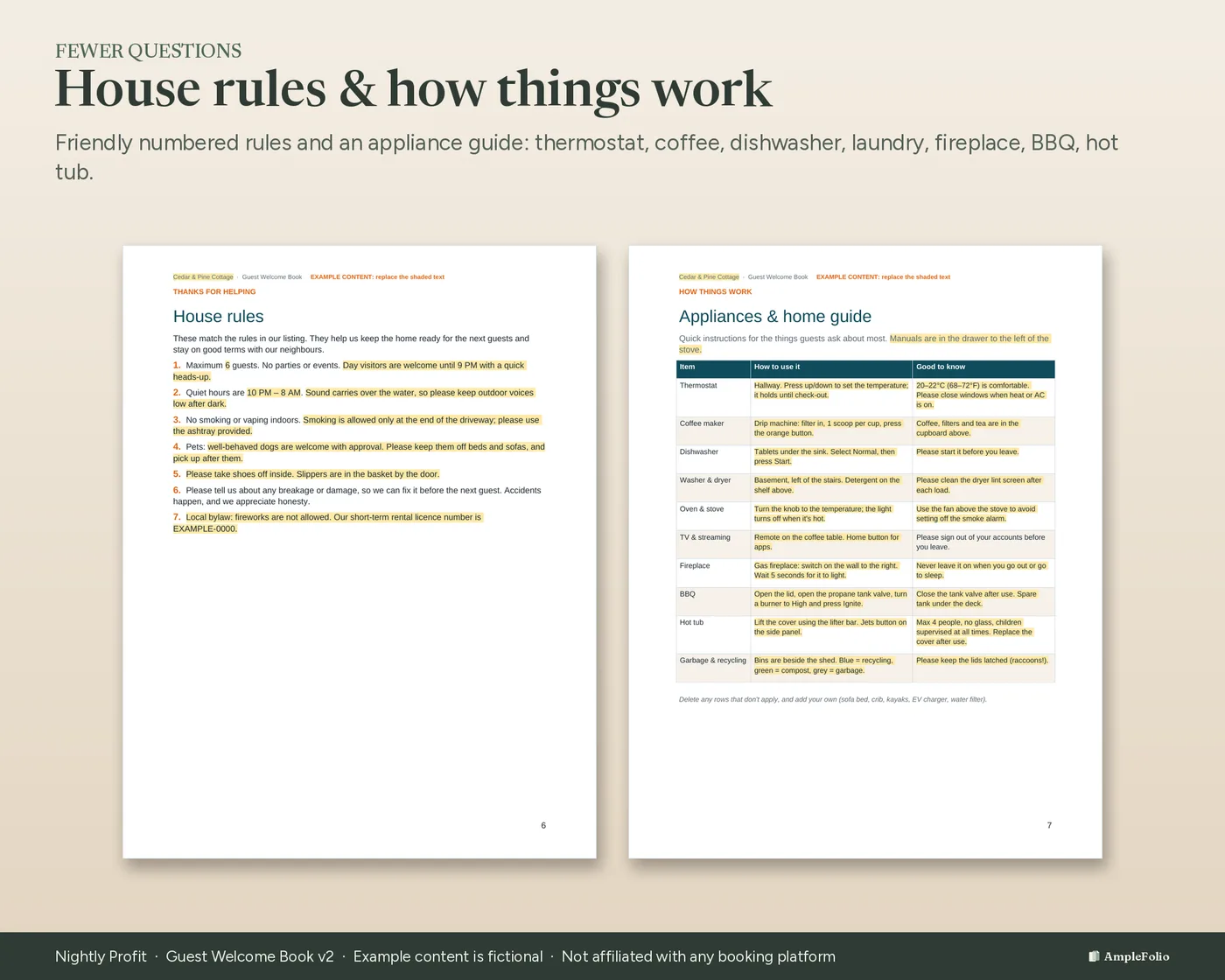House rules page and appliance guide page, shown with the fictional example property