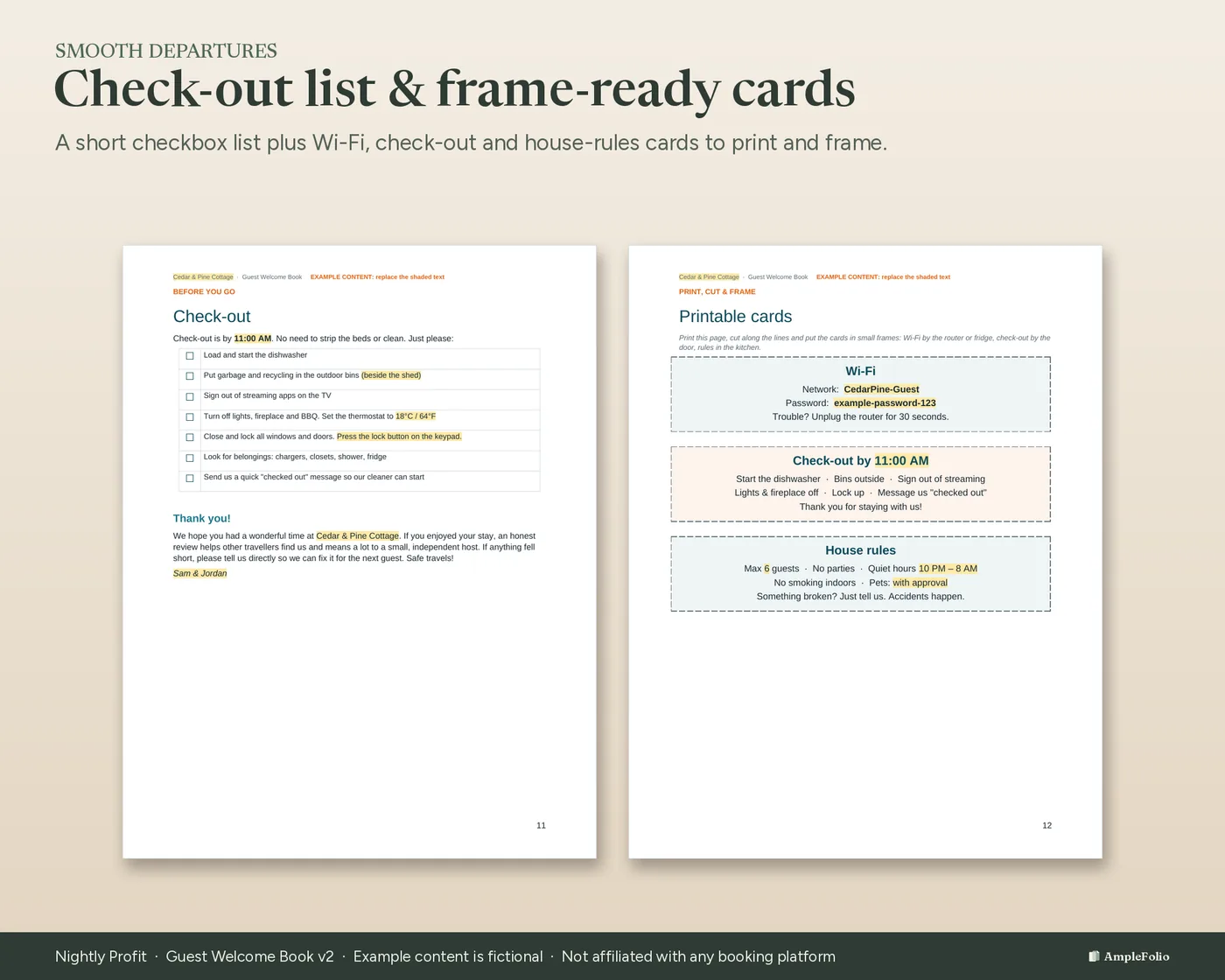 Check-out checklist page and printable Wi-Fi, check-out and house-rules cards