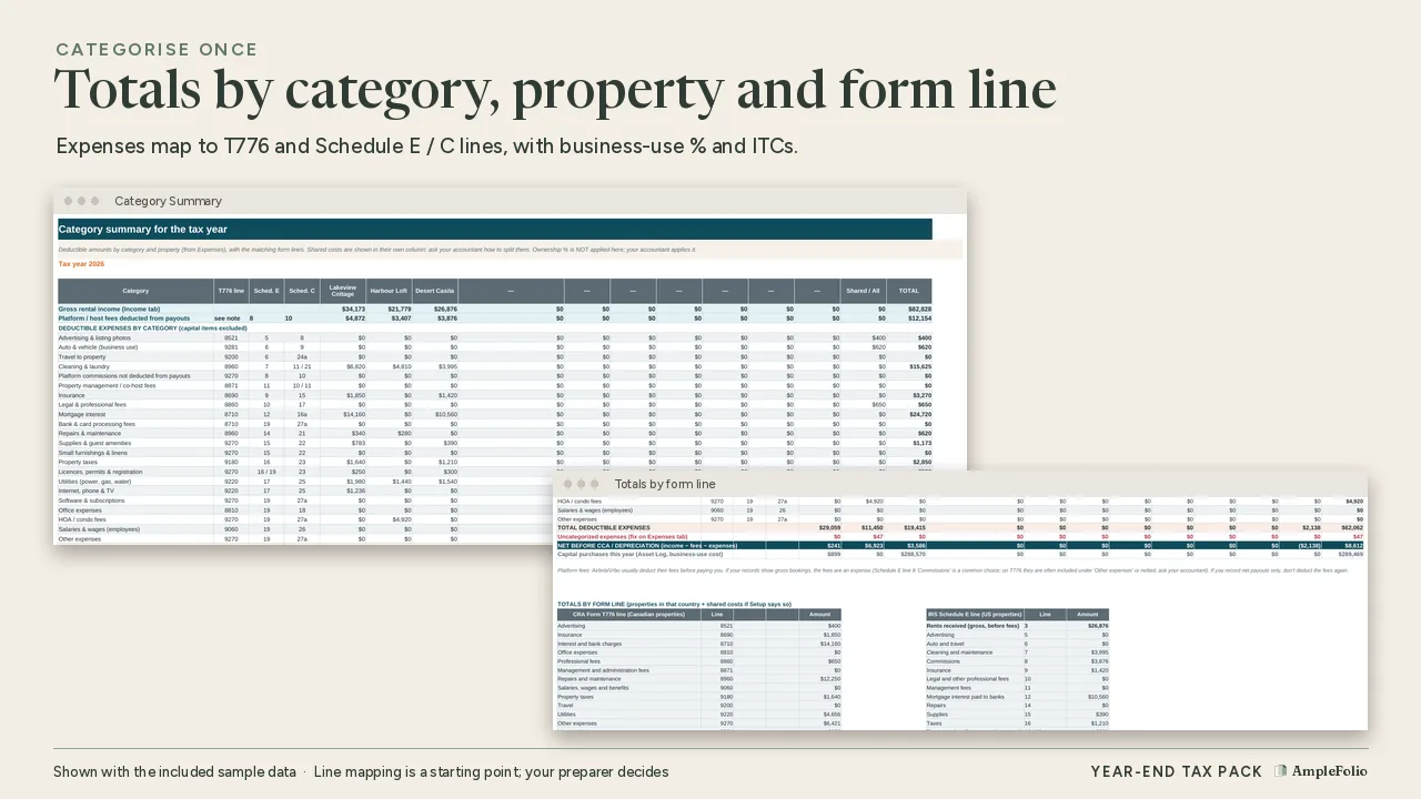 Year-End STR Tax Pack category summary by form line, shown with sample data